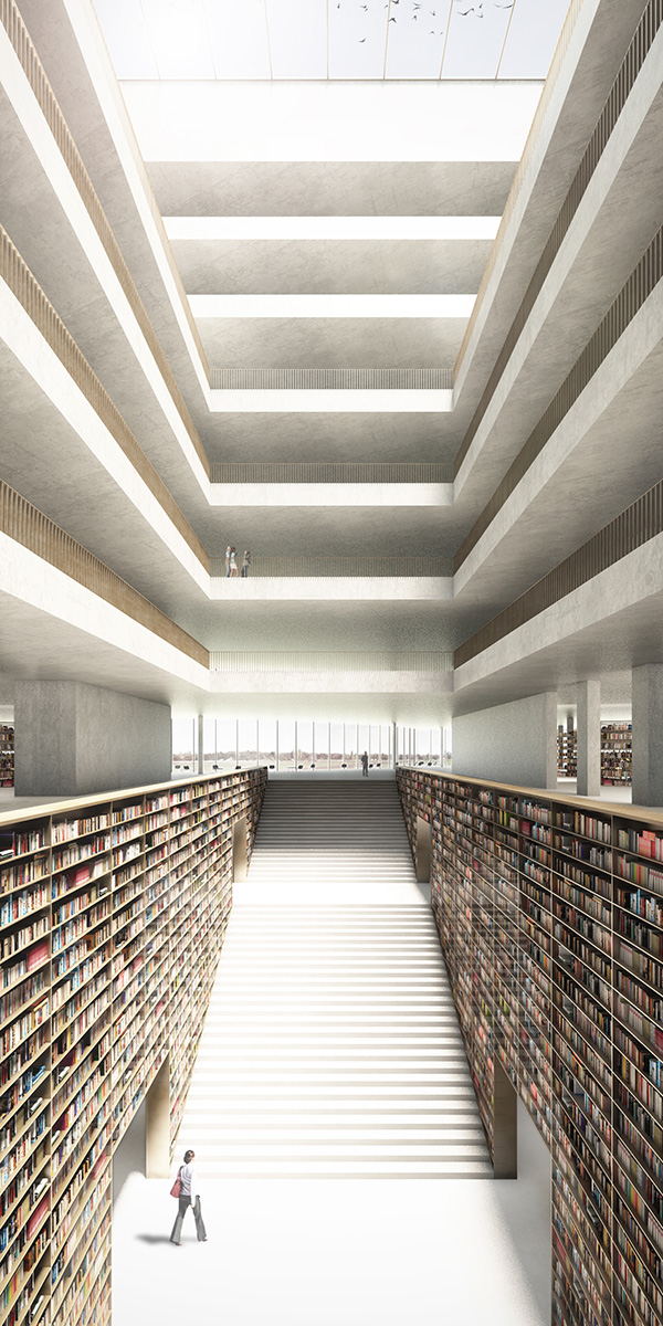 Zentrale Treppenanlage mit Bücherwänden und Oberlicht